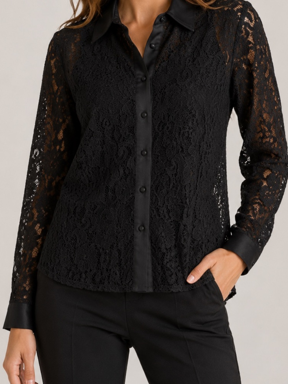 FRANCESCO SCOGNAMIGLIO Black Polyester Lace Button Up Shirt 36